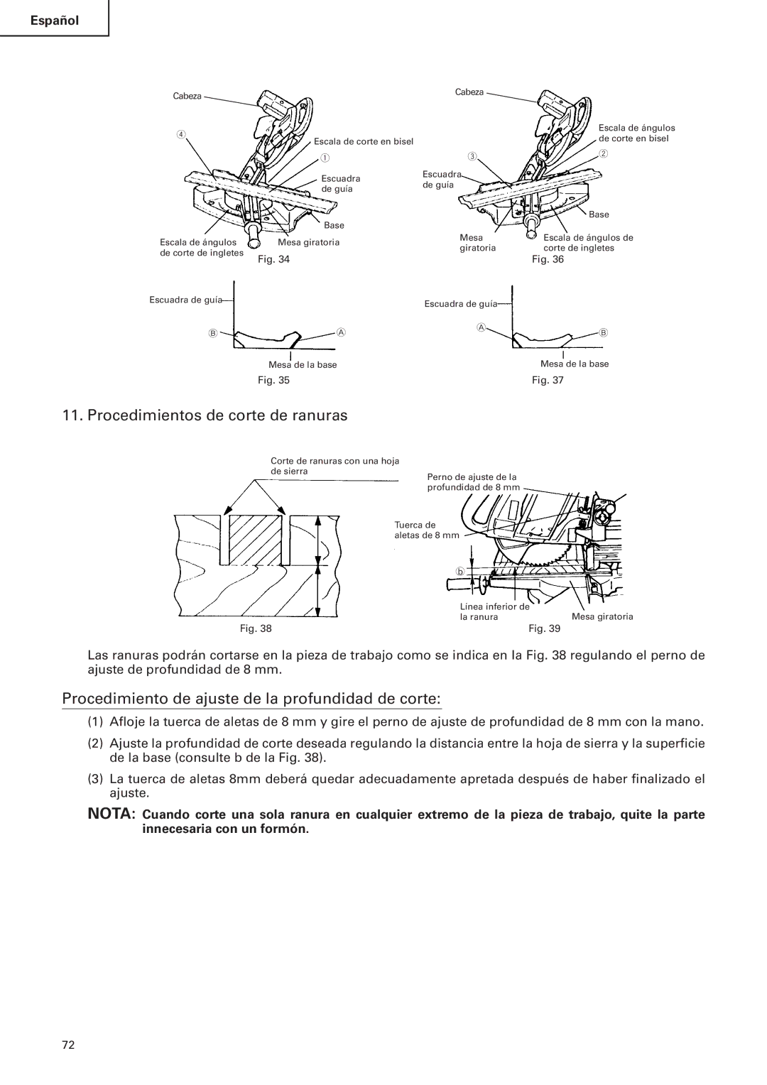 Hitachi C 10FS instruction manual Procedimientos de corte de ranuras, Procedimiento de ajuste de la profundidad de corte 