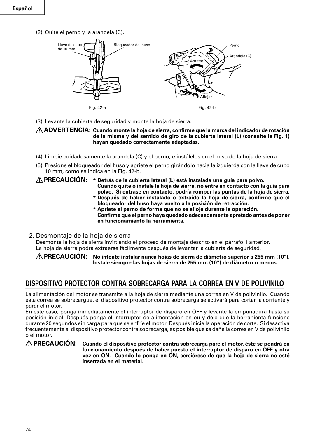 Hitachi C 10FS instruction manual Desmontaje de la hoja de sierra 