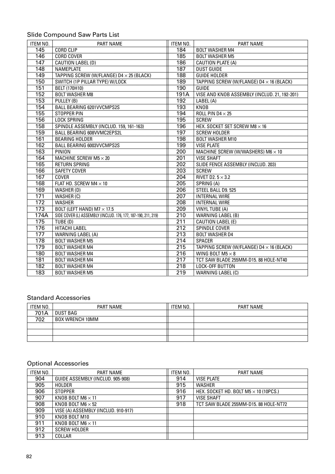 Hitachi C 10FS instruction manual Standard Accessories 