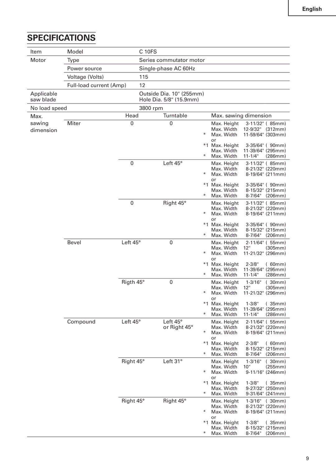 Hitachi C 10FS instruction manual Specifications, Dimension 