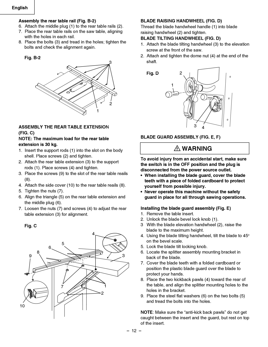 Hitachi C 10LA instruction manual English Assembly the rear table rail Fig. B-2, Blade Raising Handwheel FIG. D 