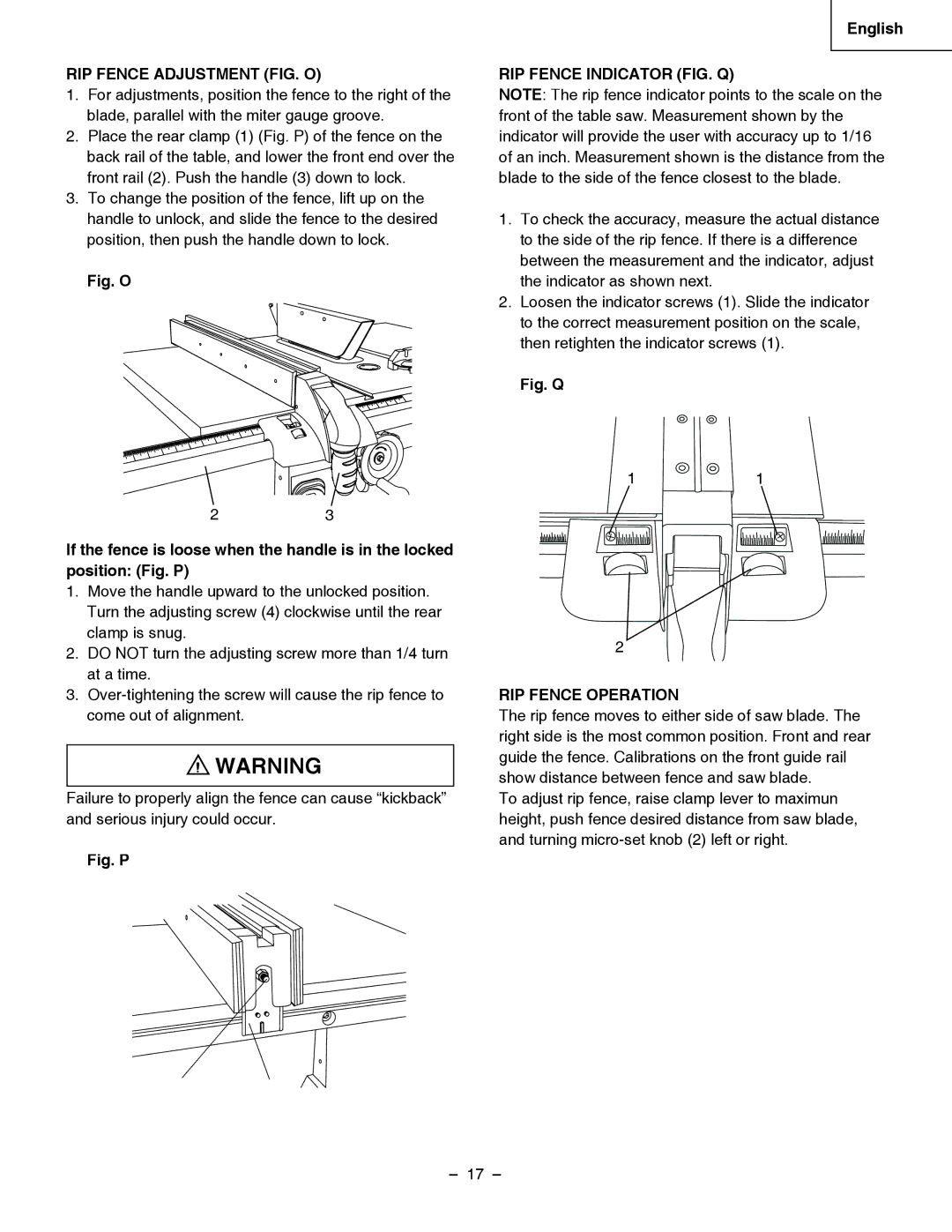 Hitachi C 10LA instruction manual RIP Fence Adjustment FIG. O, RIP Fence Indicator FIG. Q, RIP Fence Operation 