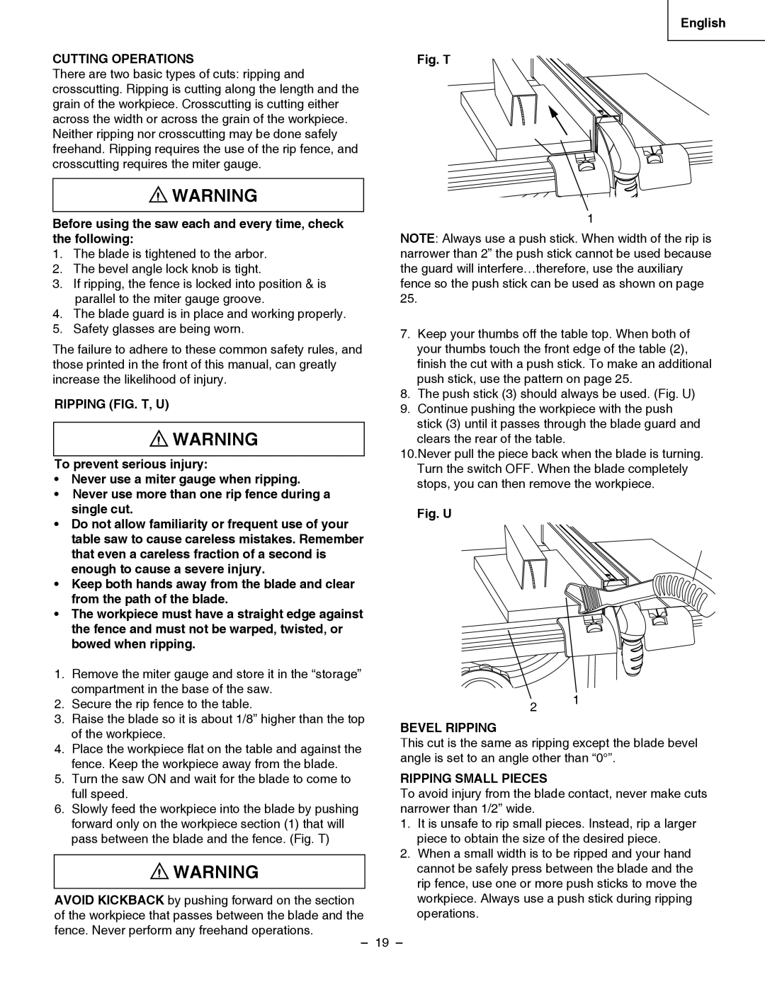 Hitachi C 10LA instruction manual Cutting Operations, Ripping FIG. T, U, Bevel Ripping, Ripping Small Pieces 