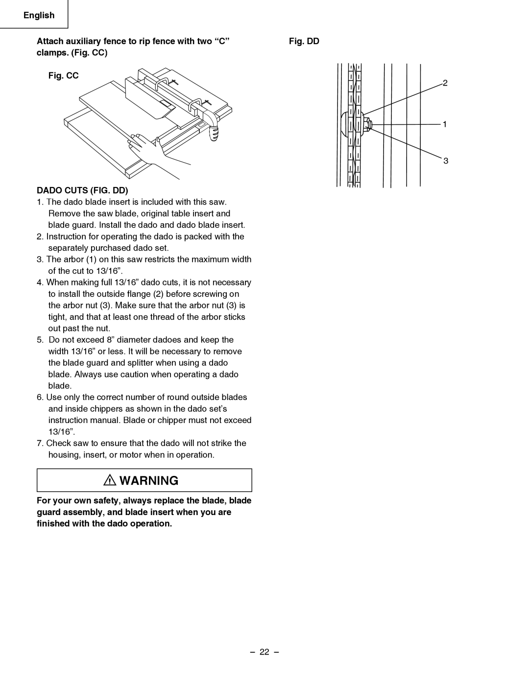 Hitachi C 10LA English Attach auxiliary fence to rip fence with two C, Clamps. Fig. CC, Dado Cuts FIG. DD 