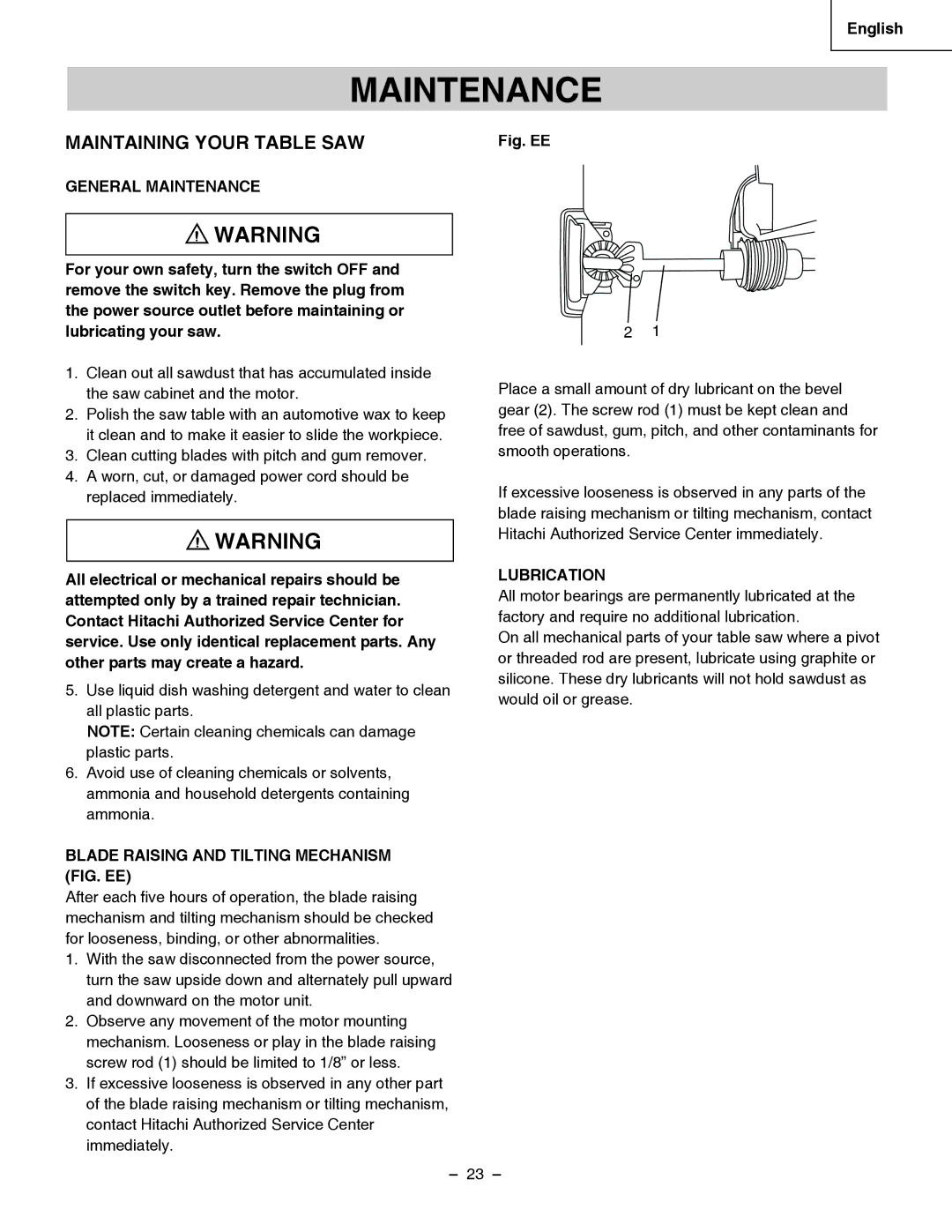 Hitachi C 10LA Maintaining Your Table SAW, General Maintenance, Blade Raising and Tilting Mechanism FIG. EE 