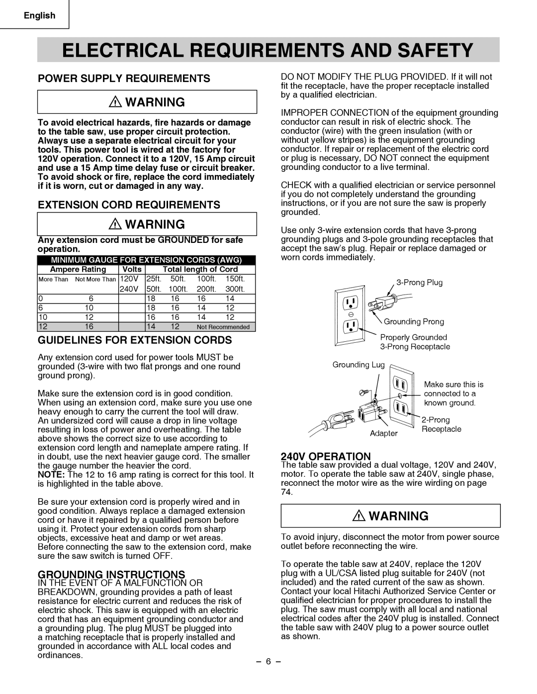 Hitachi C 10LA instruction manual Electrical Requirements and Safety 