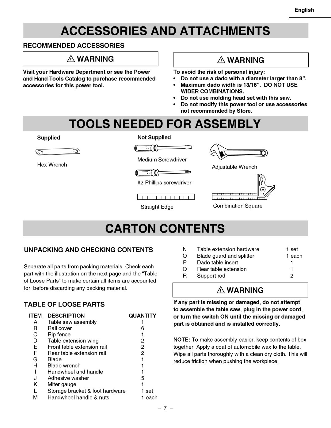 Hitachi C 10LA instruction manual Accessories and Attachments, Tools Needed for Assembly, Carton Contents 