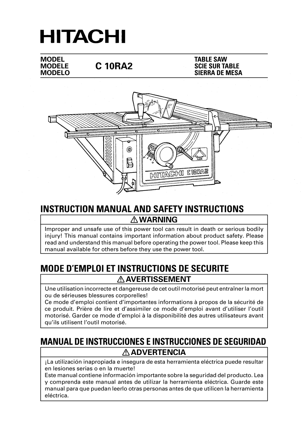 Hitachi C 10RA2 instruction manual Avertissement, Advertencia 