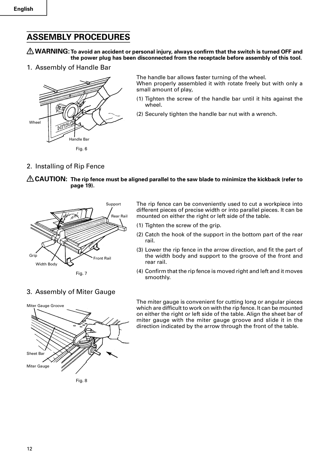 Hitachi C 10RA2 Assembly Procedures, Assembly of Handle Bar, Installing of Rip Fence, Assembly of Miter Gauge 