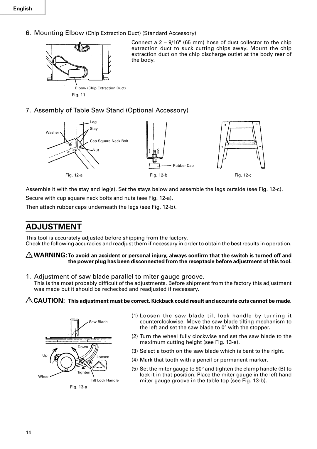 Hitachi C 10RA2 instruction manual Adjustment, Assembly of Table Saw Stand Optional Accessory 