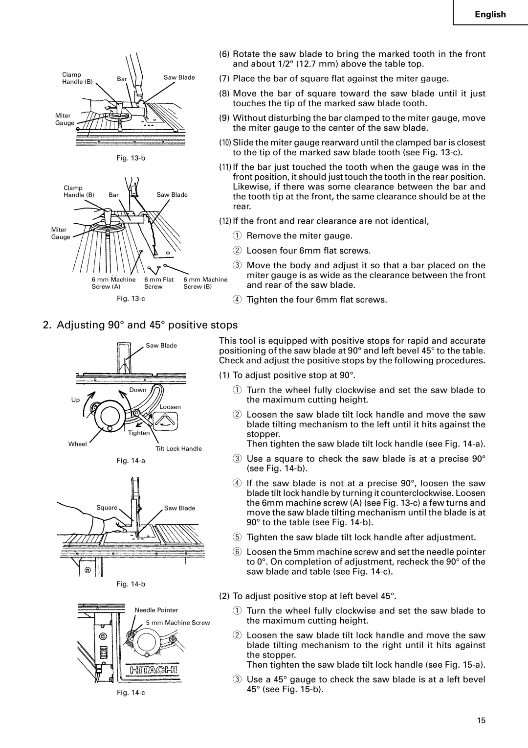 Hitachi C 10RA2 instruction manual Adjusting 90 and 45 positive stops 