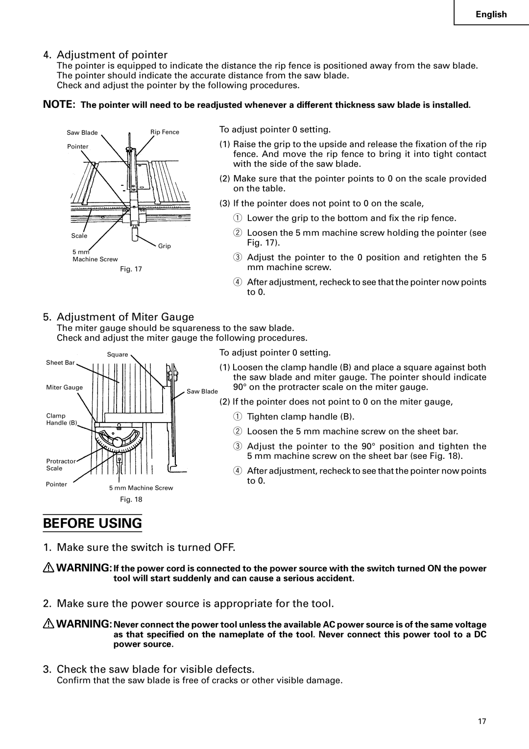 Hitachi C 10RA2 instruction manual Before Using, Adjustment of pointer, Adjustment of Miter Gauge 