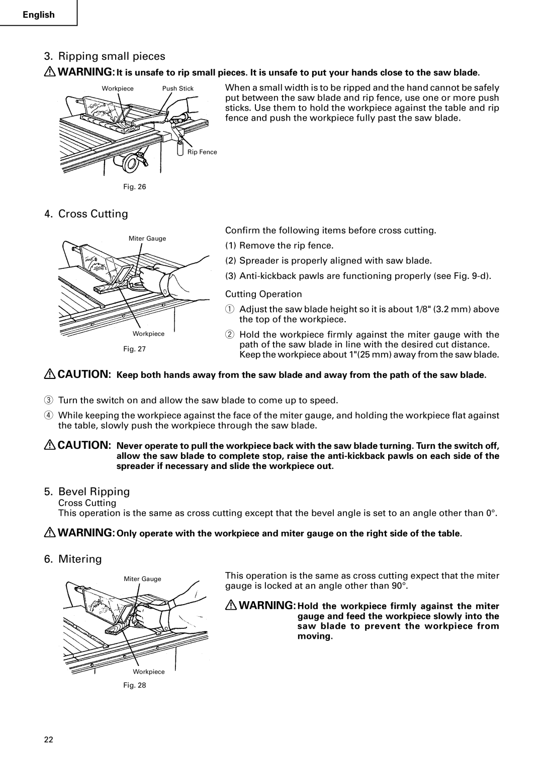 Hitachi C 10RA2 instruction manual Ripping small pieces, Cross Cutting, Mitering 