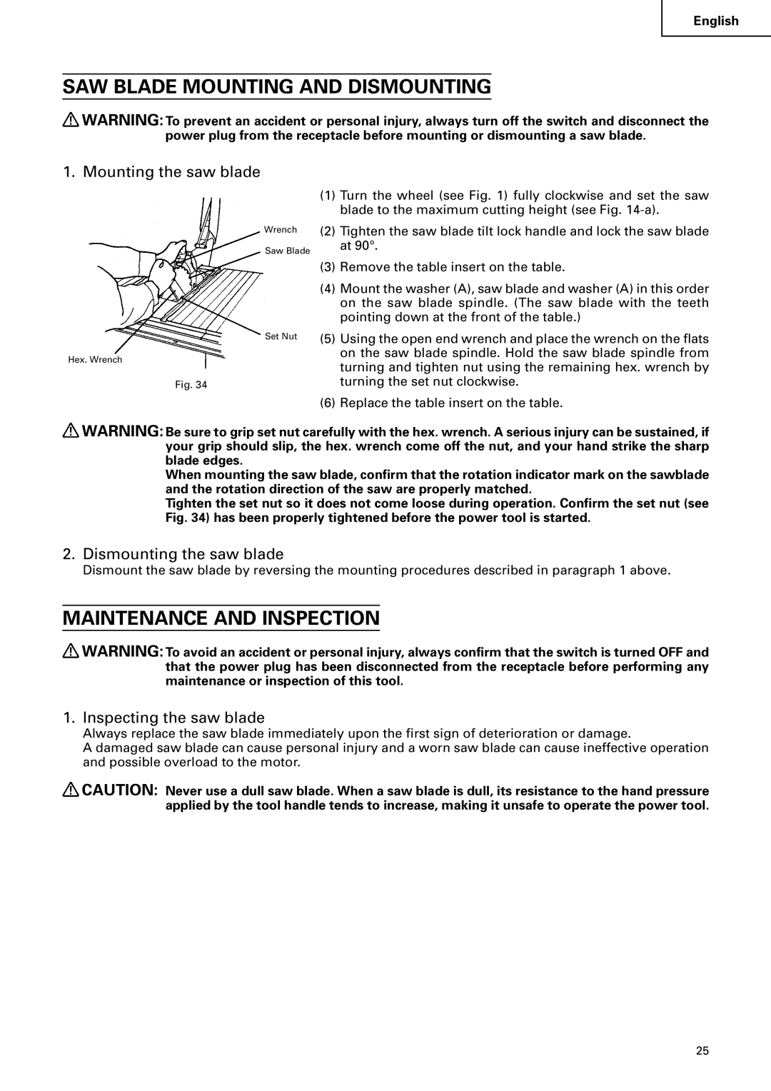 Hitachi C 10RA2 instruction manual SAW Blade Mounting and Dismounting, Maintenance and Inspection, Mounting the saw blade 