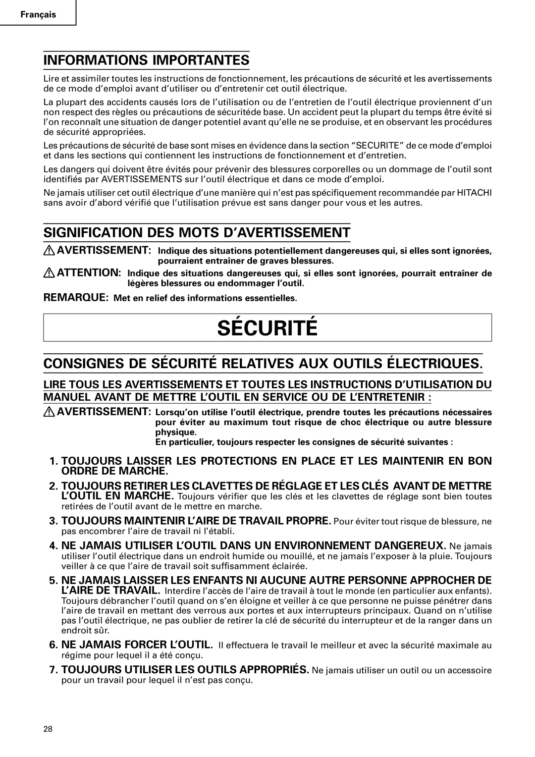 Hitachi C 10RA2 instruction manual Informations Importantes, Signification DES Mots D’AVERTISSEMENT 