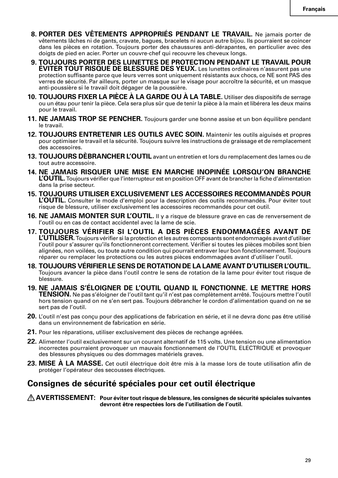 Hitachi C 10RA2 instruction manual Consignes de sécurité spéciales pour cet outil électrique 