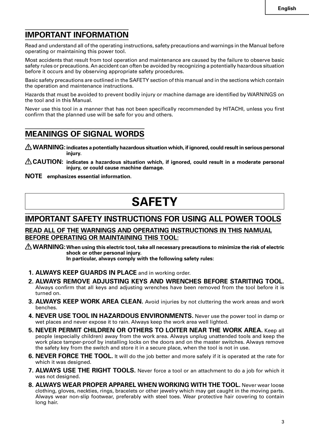 Hitachi C 10RA2 Important Information, Meanings of Signal Words, Important Safety Instructions for Using ALL Power Tools 