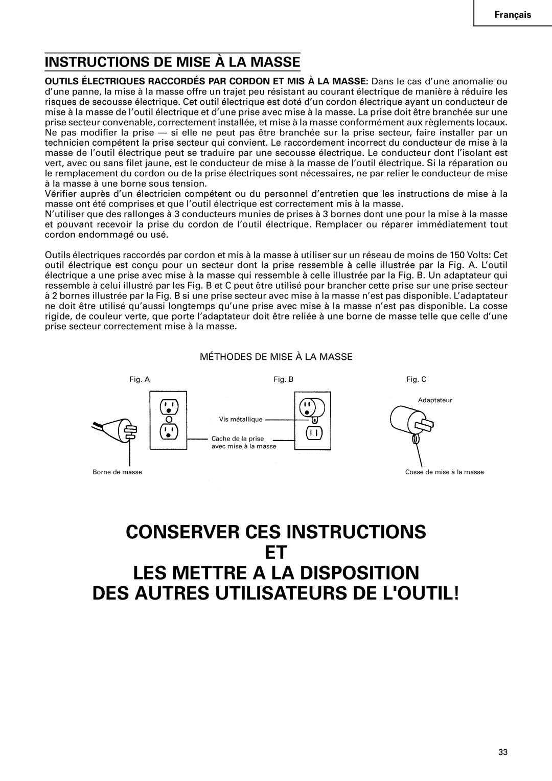 Hitachi C 10RA2 instruction manual Instructions DE Mise À LA Masse, Méthodes DE Mise À LA Masse 