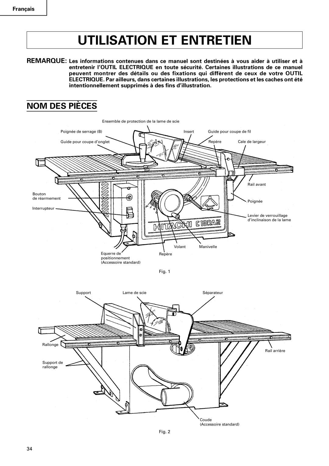 Hitachi C 10RA2 instruction manual Utilisation ET Entretien, NOM DES Pièces 