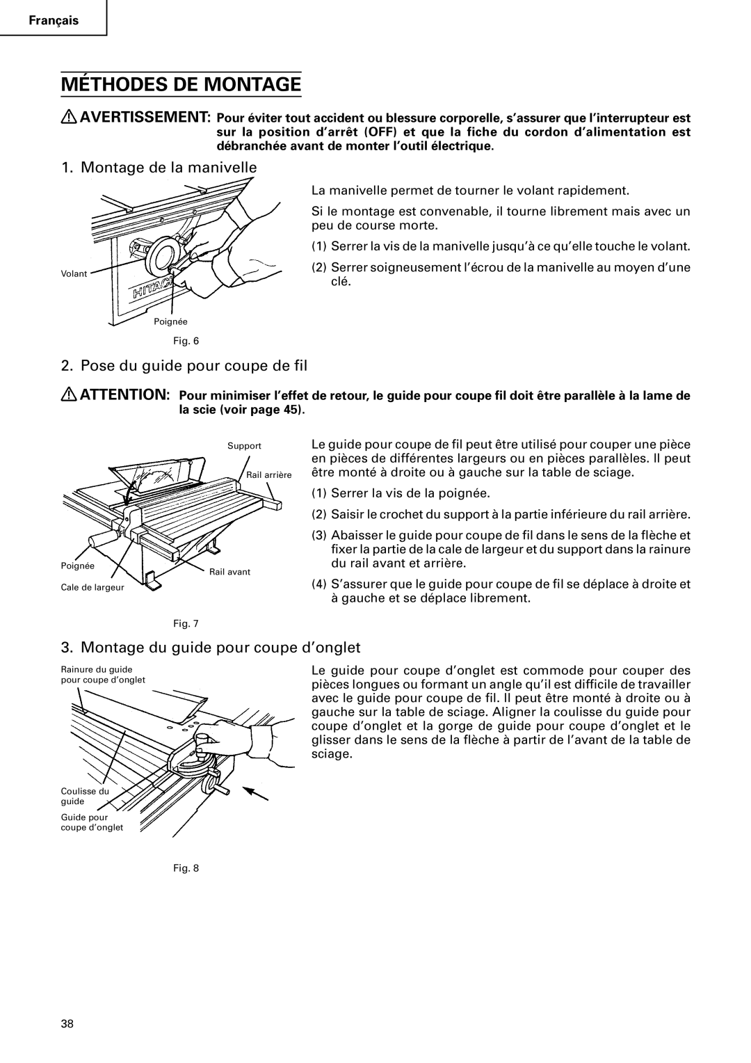 Hitachi C 10RA2 instruction manual Méthodes DE Montage, Montage de la manivelle, Pose du guide pour coupe de fil 