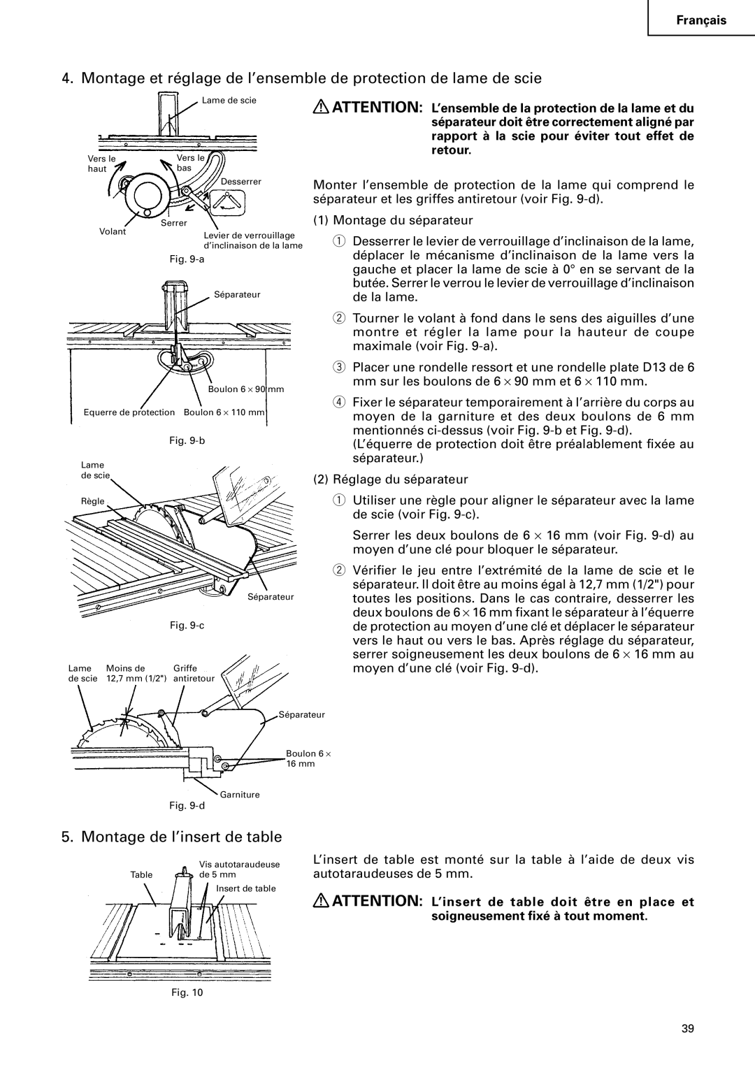 Hitachi C 10RA2 instruction manual Montage de l’insert de table 