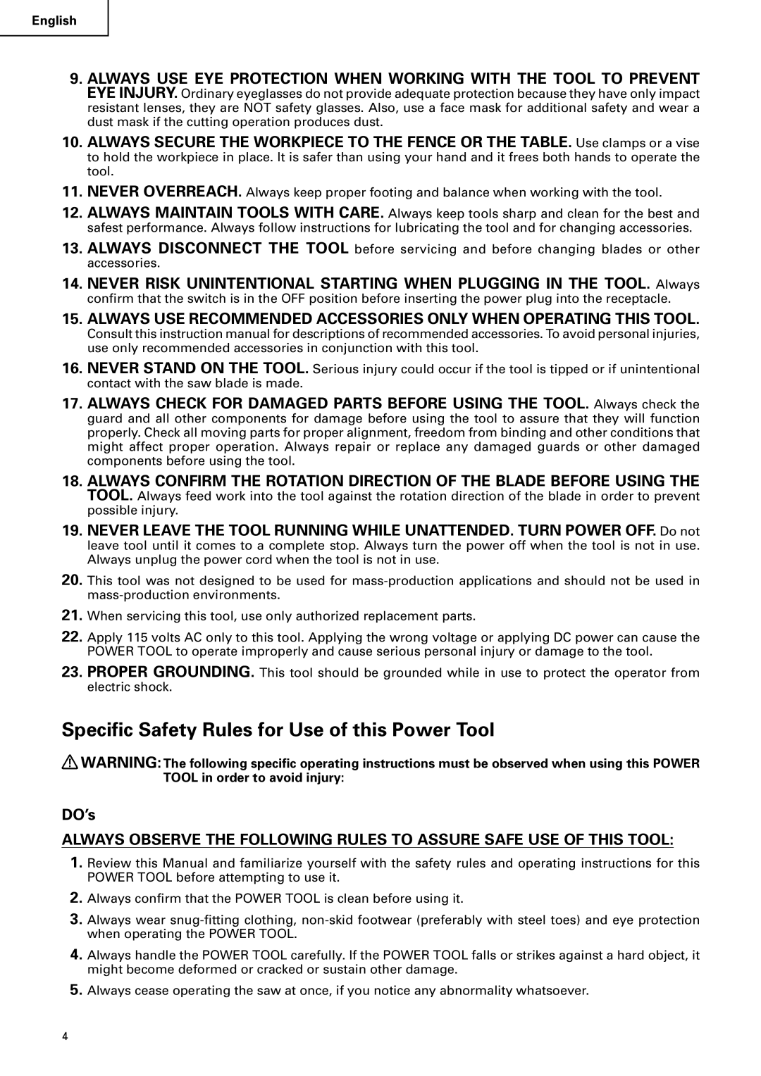 Hitachi C 10RA2 instruction manual Specific Safety Rules for Use of this Power Tool 