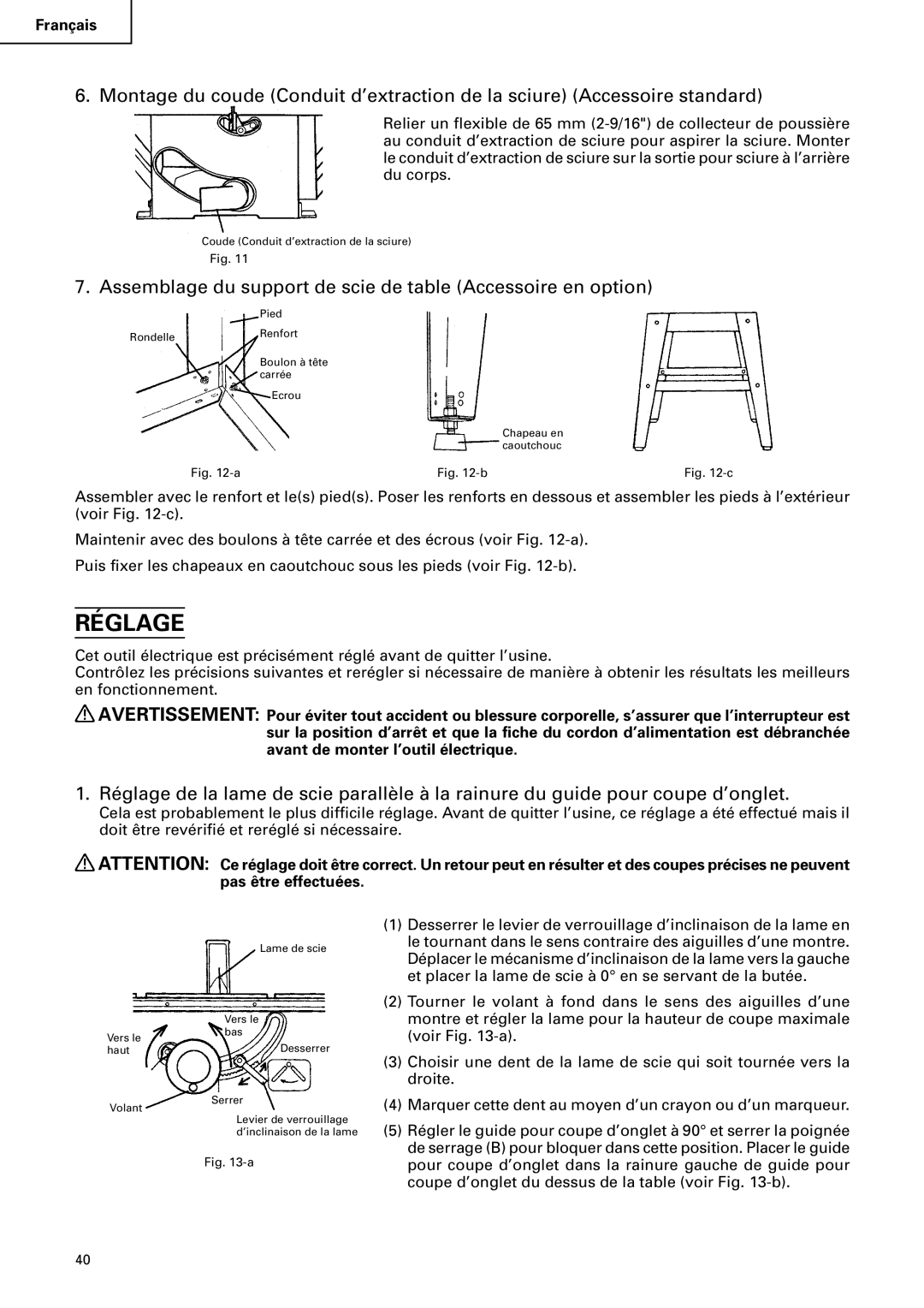 Hitachi C 10RA2 instruction manual Réglage, Assemblage du support de scie de table Accessoire en option 