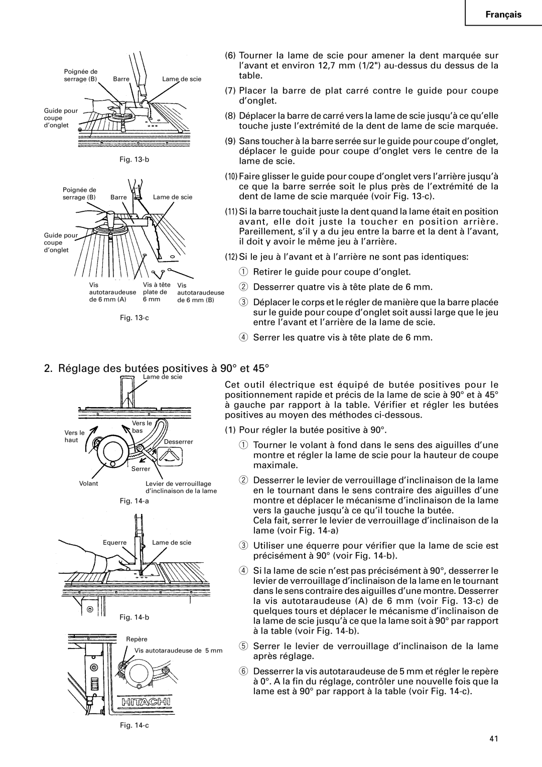 Hitachi C 10RA2 instruction manual Réglage des butées positives à 90 et 