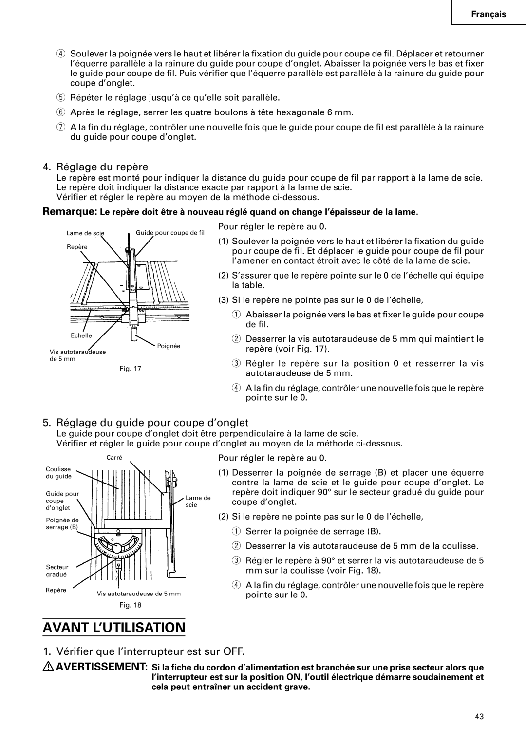 Hitachi C 10RA2 instruction manual Avant L’UTILISATION, Réglage du repère, Réglage du guide pour coupe d’onglet 