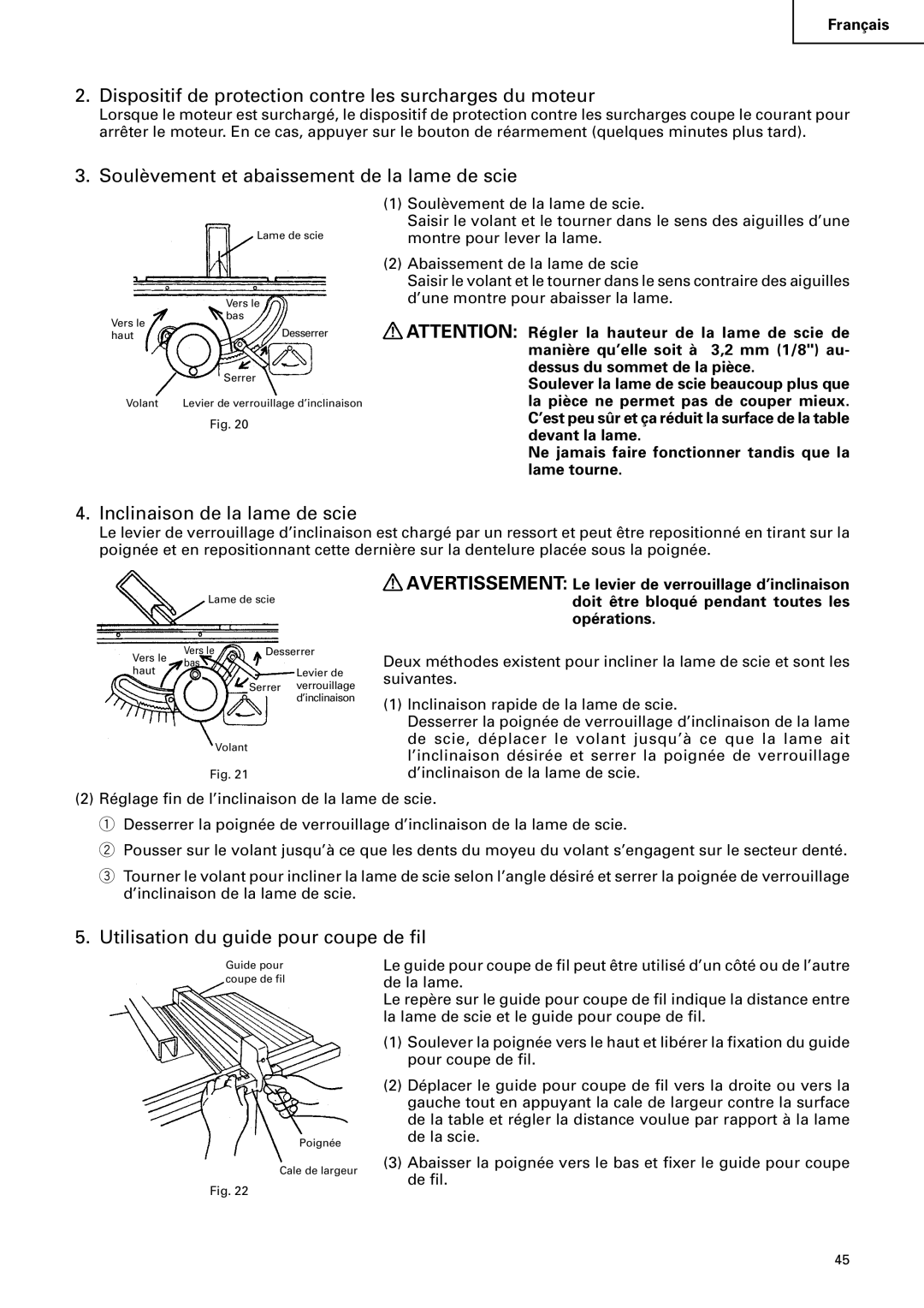 Hitachi C 10RA2 Dispositif de protection contre les surcharges du moteur, Soulèvement et abaissement de la lame de scie 