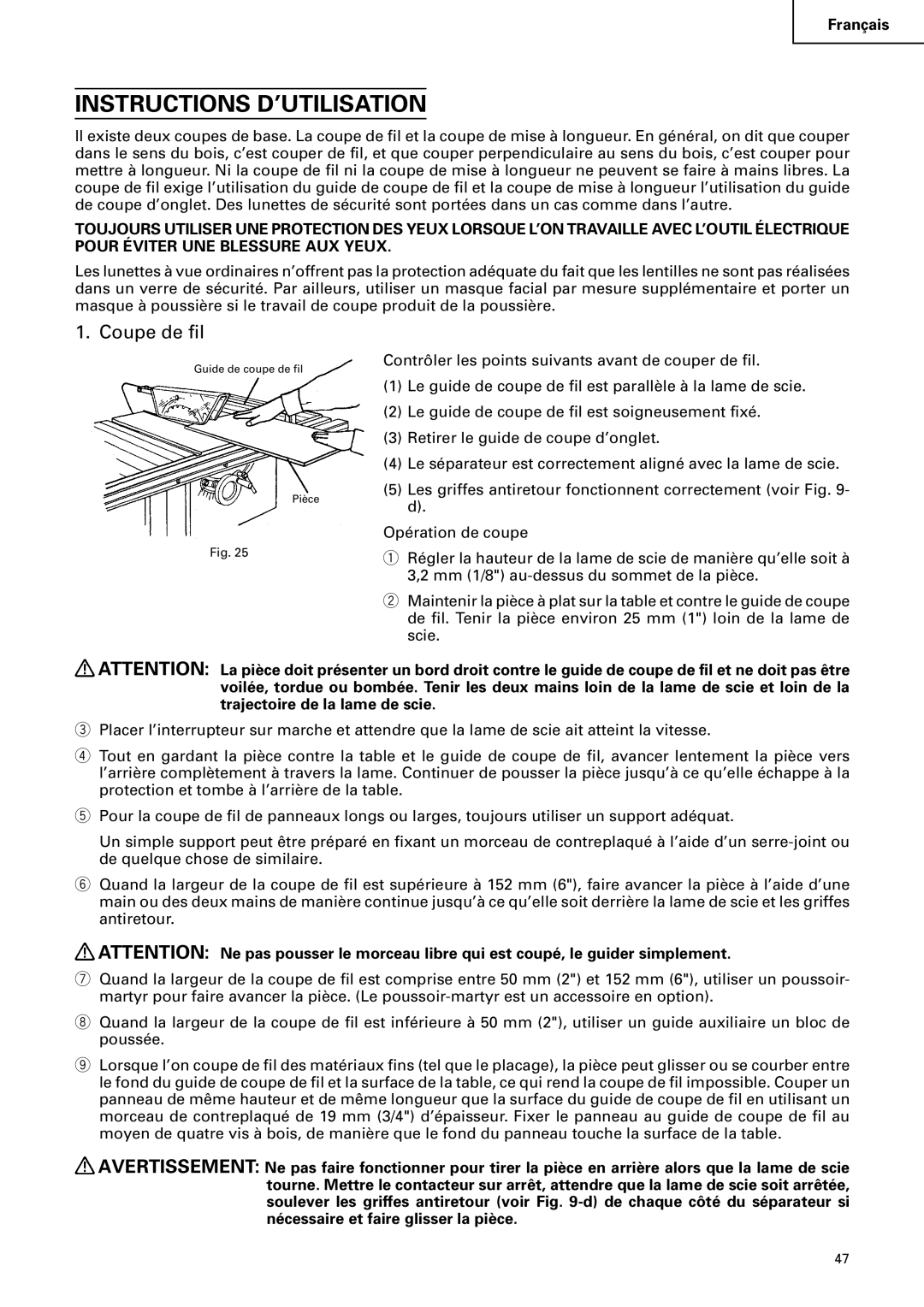 Hitachi C 10RA2 instruction manual Instructions D’UTILISATION, Coupe de fil 