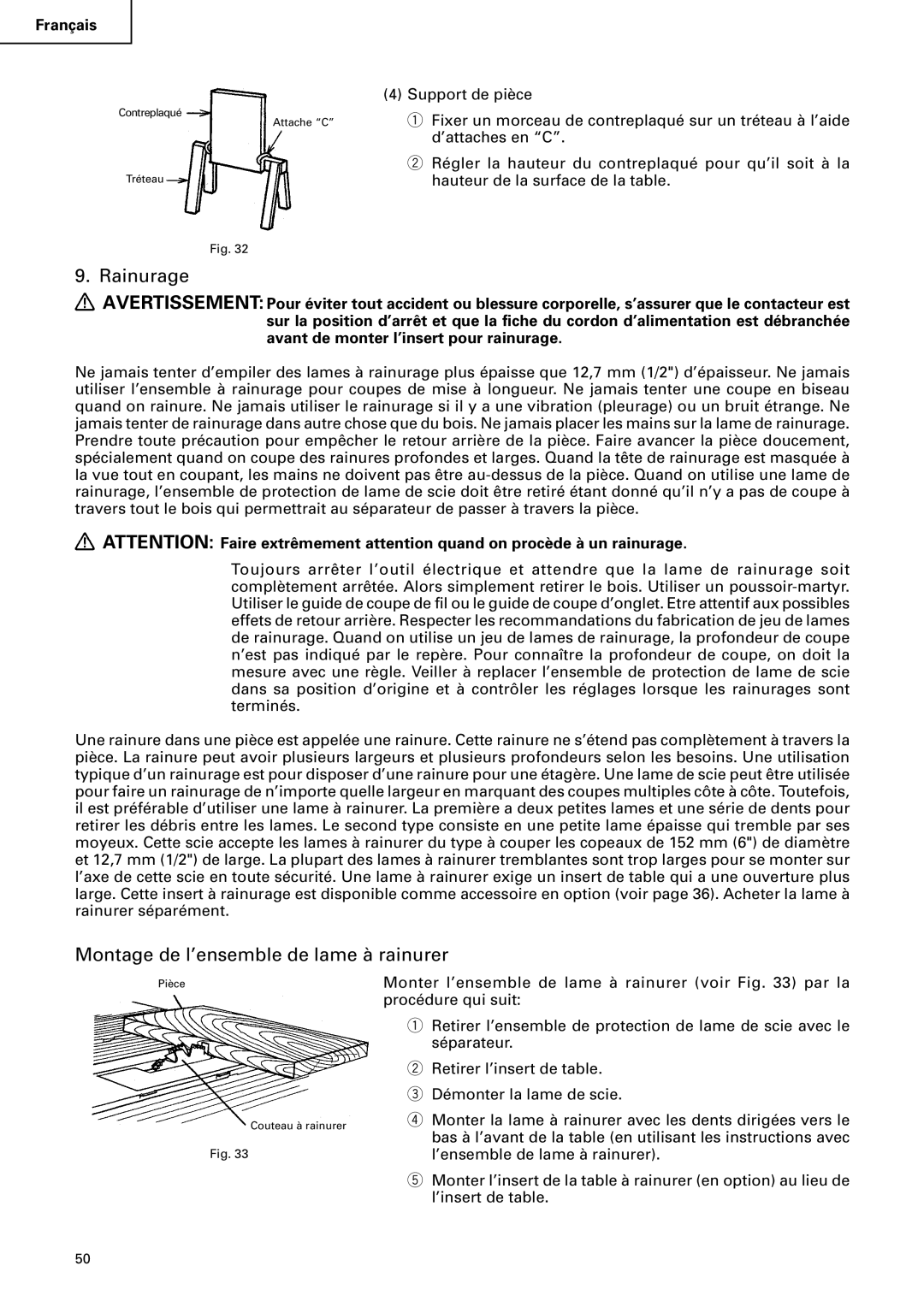 Hitachi C 10RA2 instruction manual Rainurage, Montage de l’ensemble de lame à rainurer 