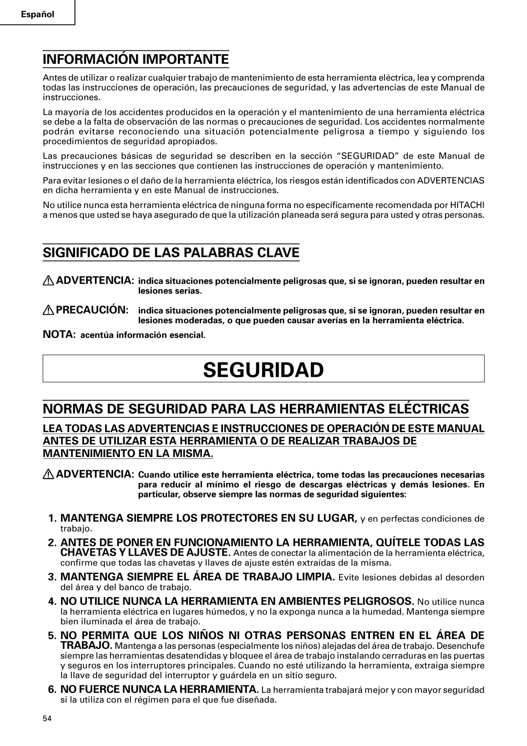 Hitachi C 10RA2 instruction manual Información Importante, Significado DE LAS Palabras Clave 