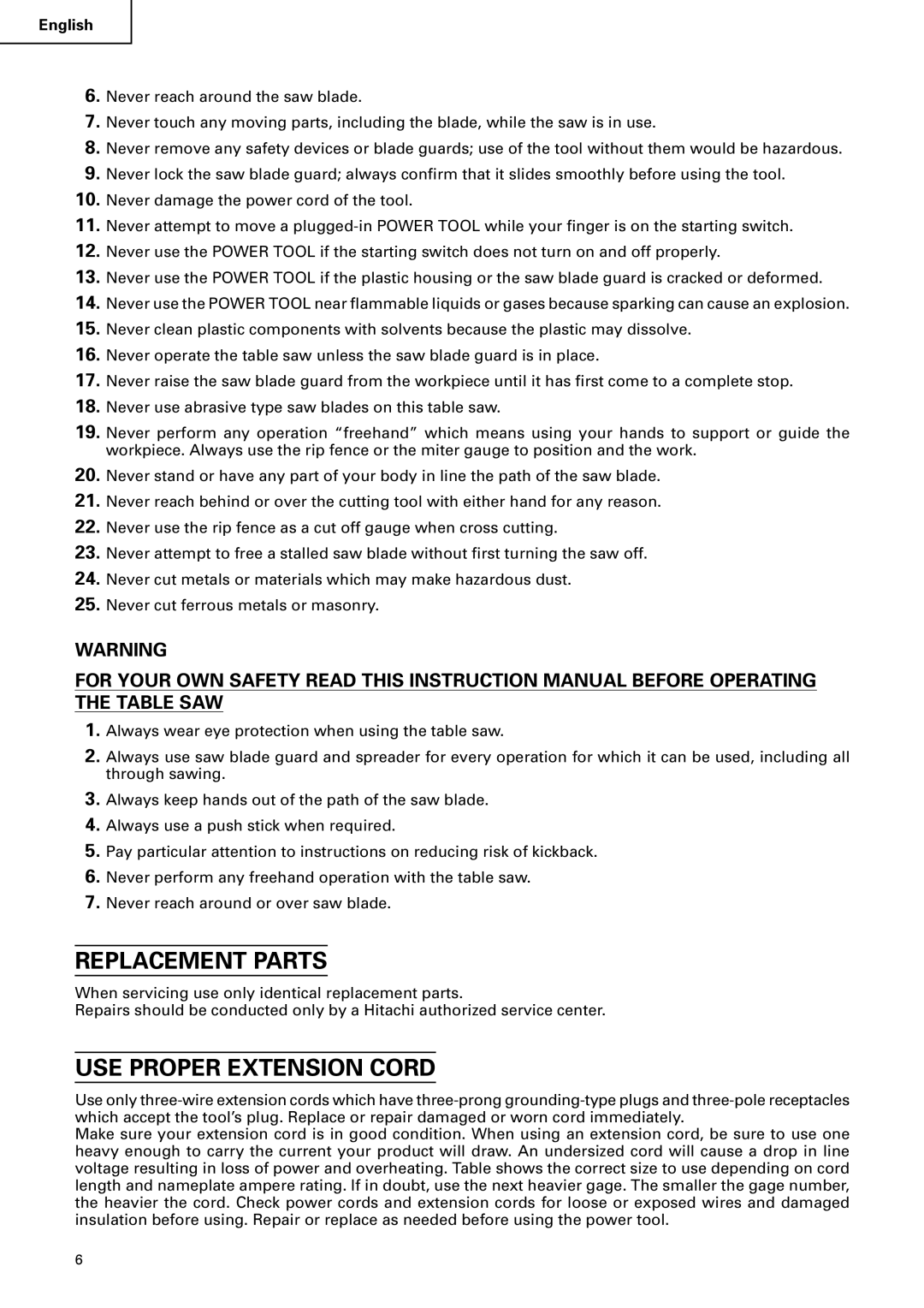 Hitachi C 10RA2 instruction manual Replacement Parts, USE Proper Extension Cord 