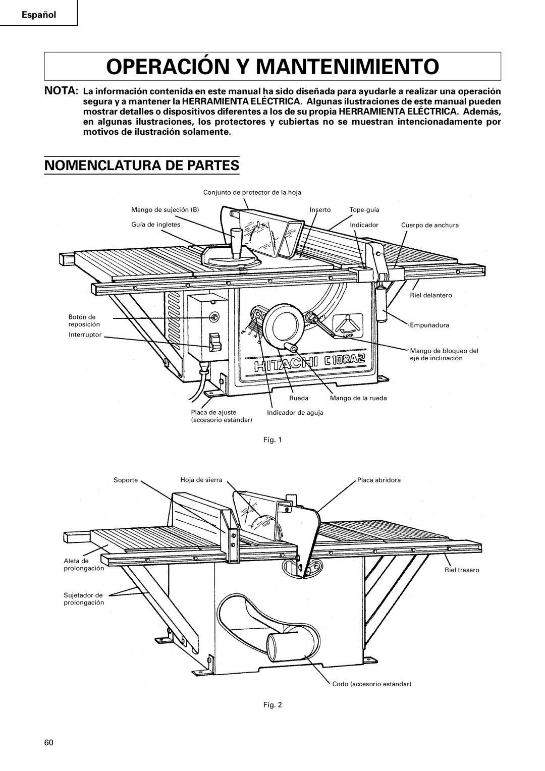 Hitachi C 10RA2 instruction manual Operación Y Mantenimiento, Nomenclatura DE Partes 