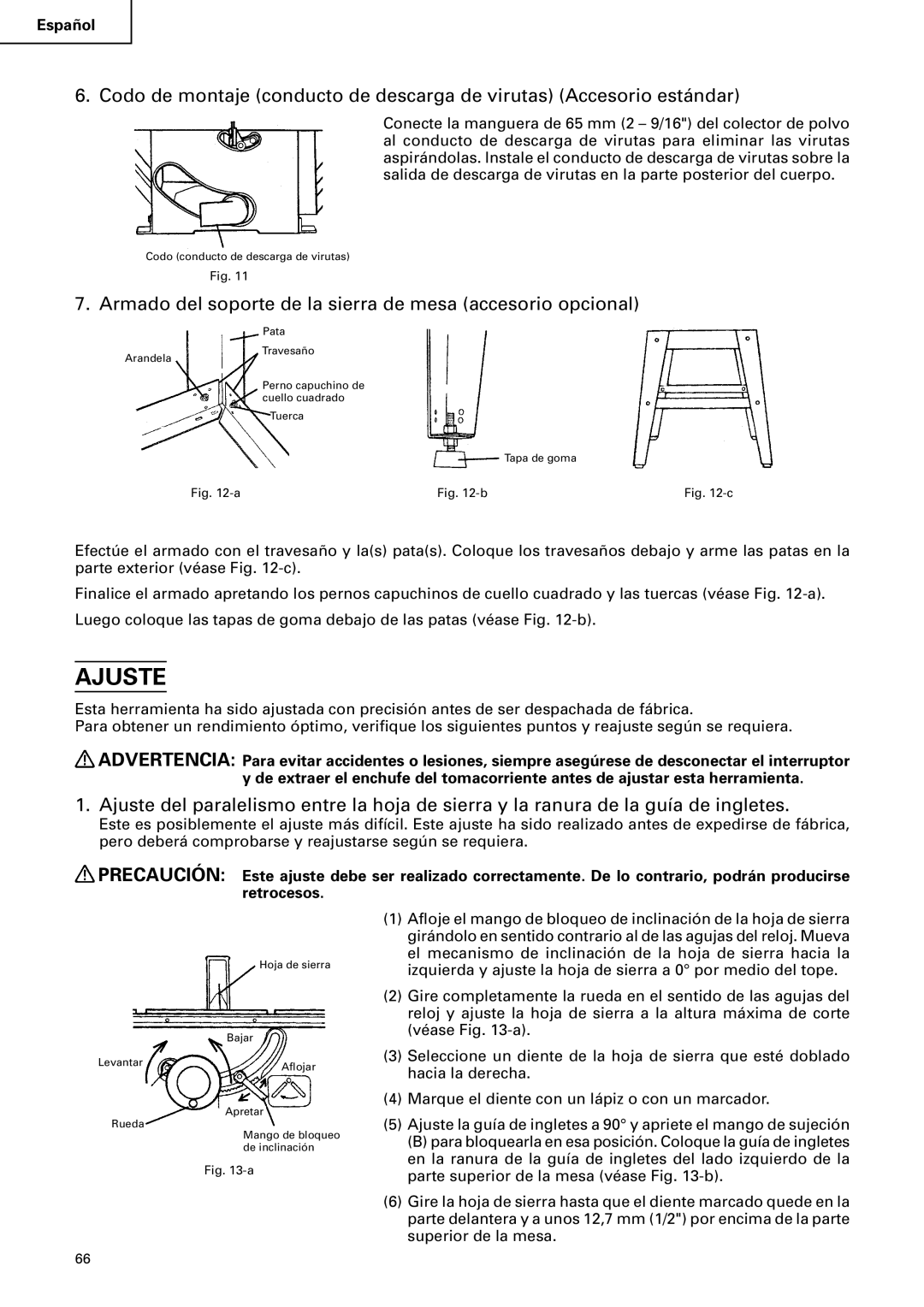 Hitachi C 10RA2 instruction manual Ajuste, Armado del soporte de la sierra de mesa accesorio opcional 