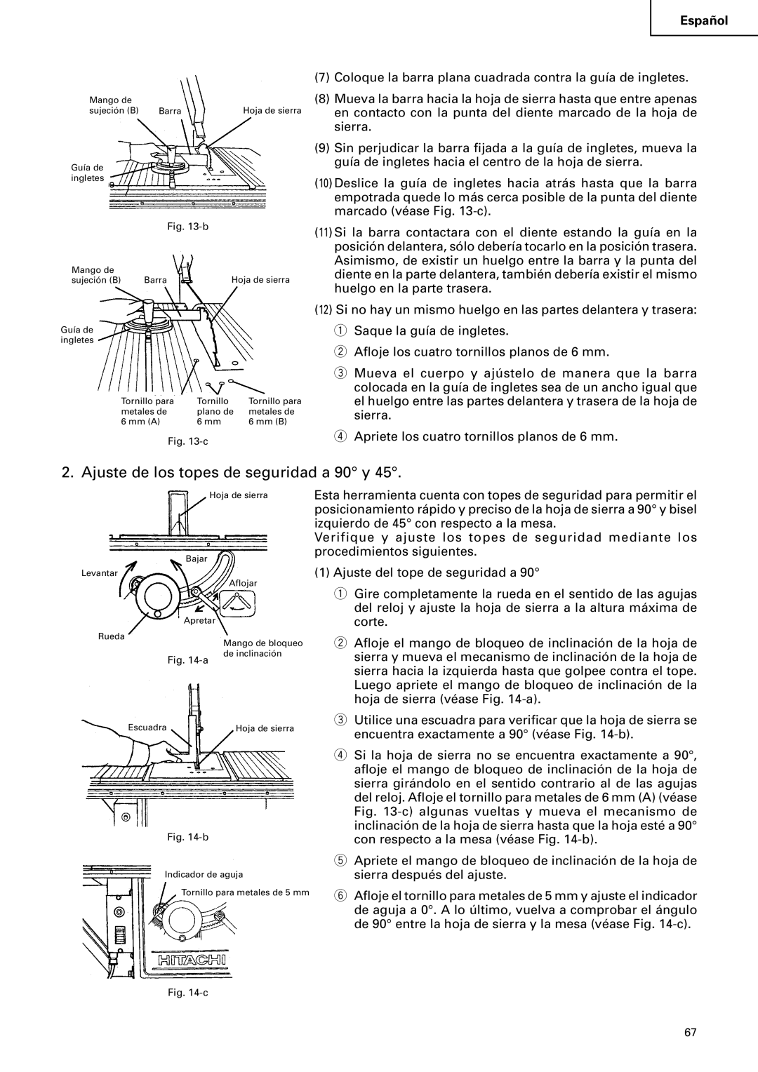 Hitachi C 10RA2 instruction manual Ajuste de los topes de seguridad a 90 y 