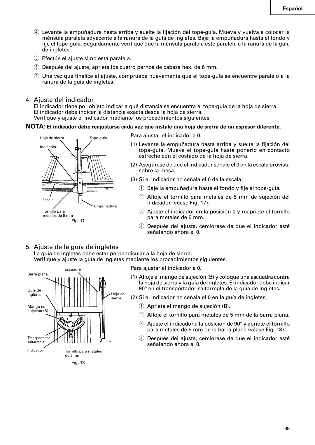 Hitachi C 10RA2 instruction manual Ajuste del indicador, Ajuste de la guía de ingletes 