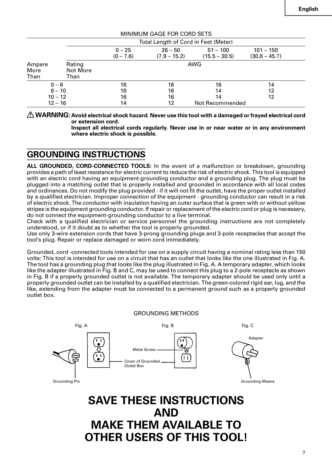 Hitachi C 10RA2 instruction manual Grounding Instructions, Fig. a 