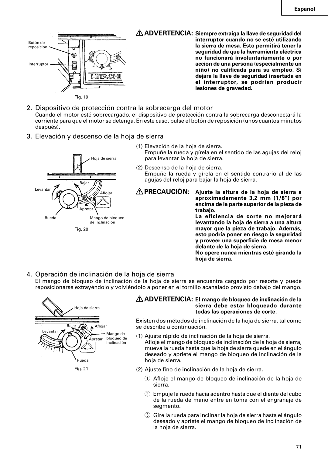 Hitachi C 10RA2 Dispositivo de protección contra la sobrecarga del motor, Elevación y descenso de la hoja de sierra 