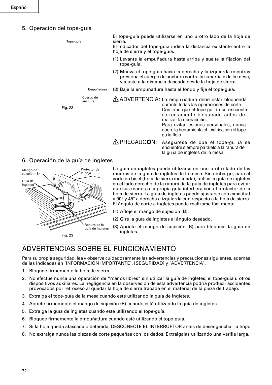 Hitachi C 10RA2 Advertencias Sobre EL Funcionamiento, Operación del tope-guía, Operación de la guía de ingletes 