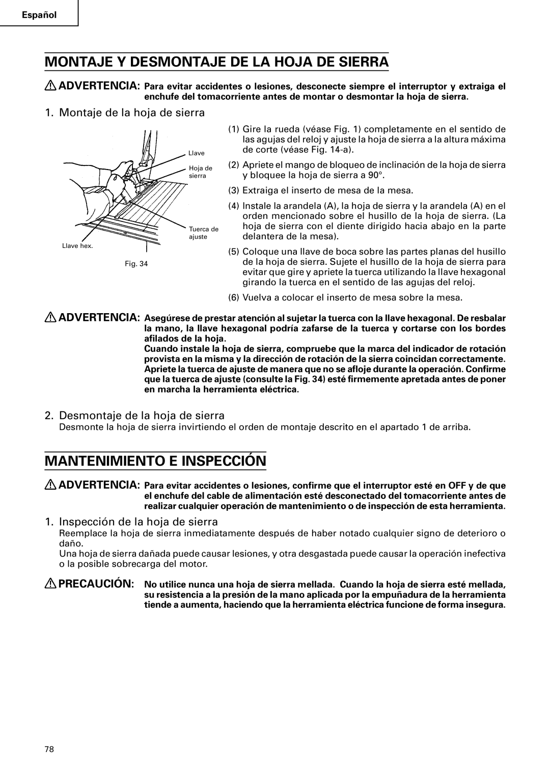 Hitachi C 10RA2 Montaje Y Desmontaje DE LA Hoja DE Sierra, Mantenimiento E Inspección, Montaje de la hoja de sierra 