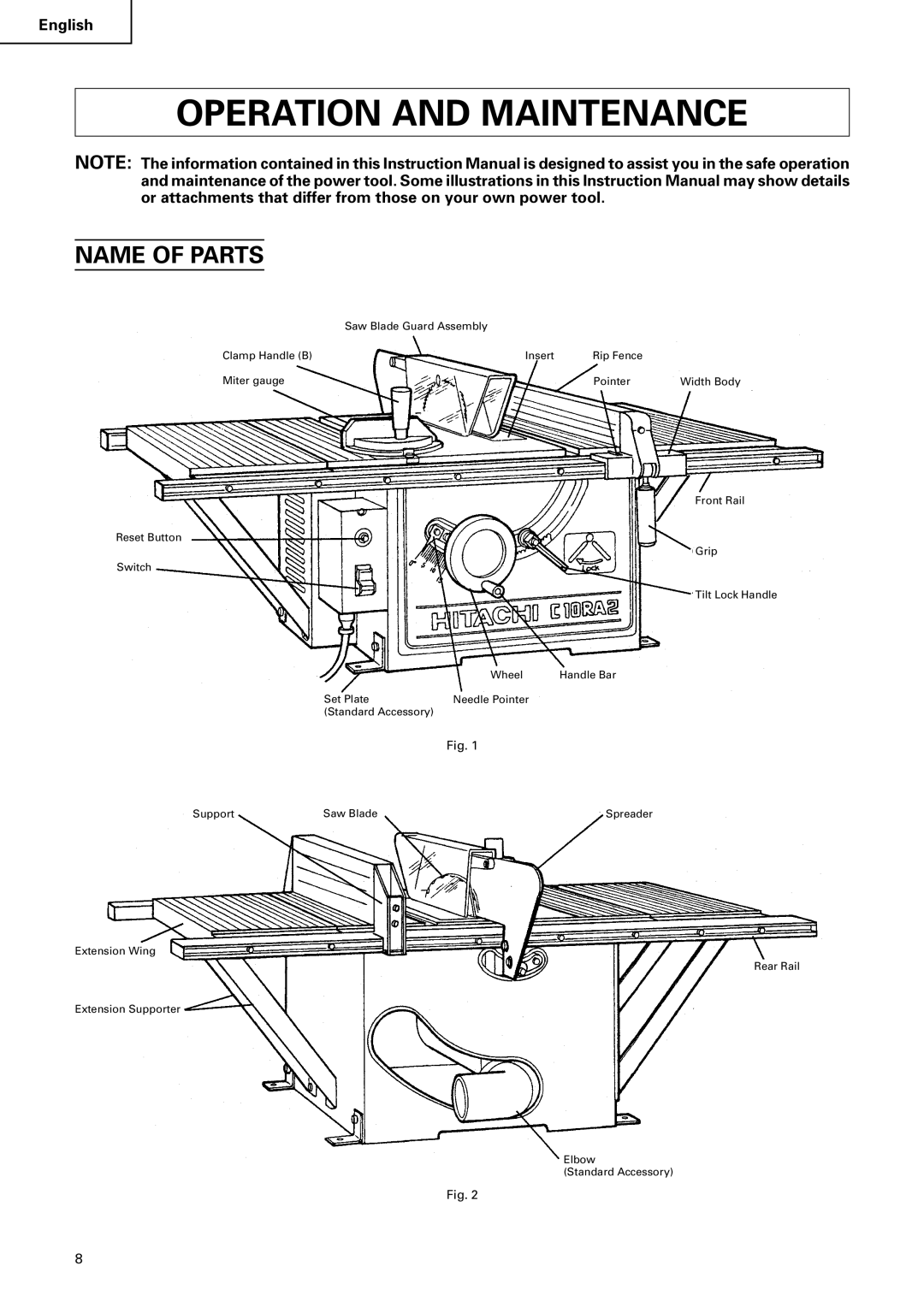 Hitachi C 10RA2 instruction manual Operation and Maintenance, Name of Parts 