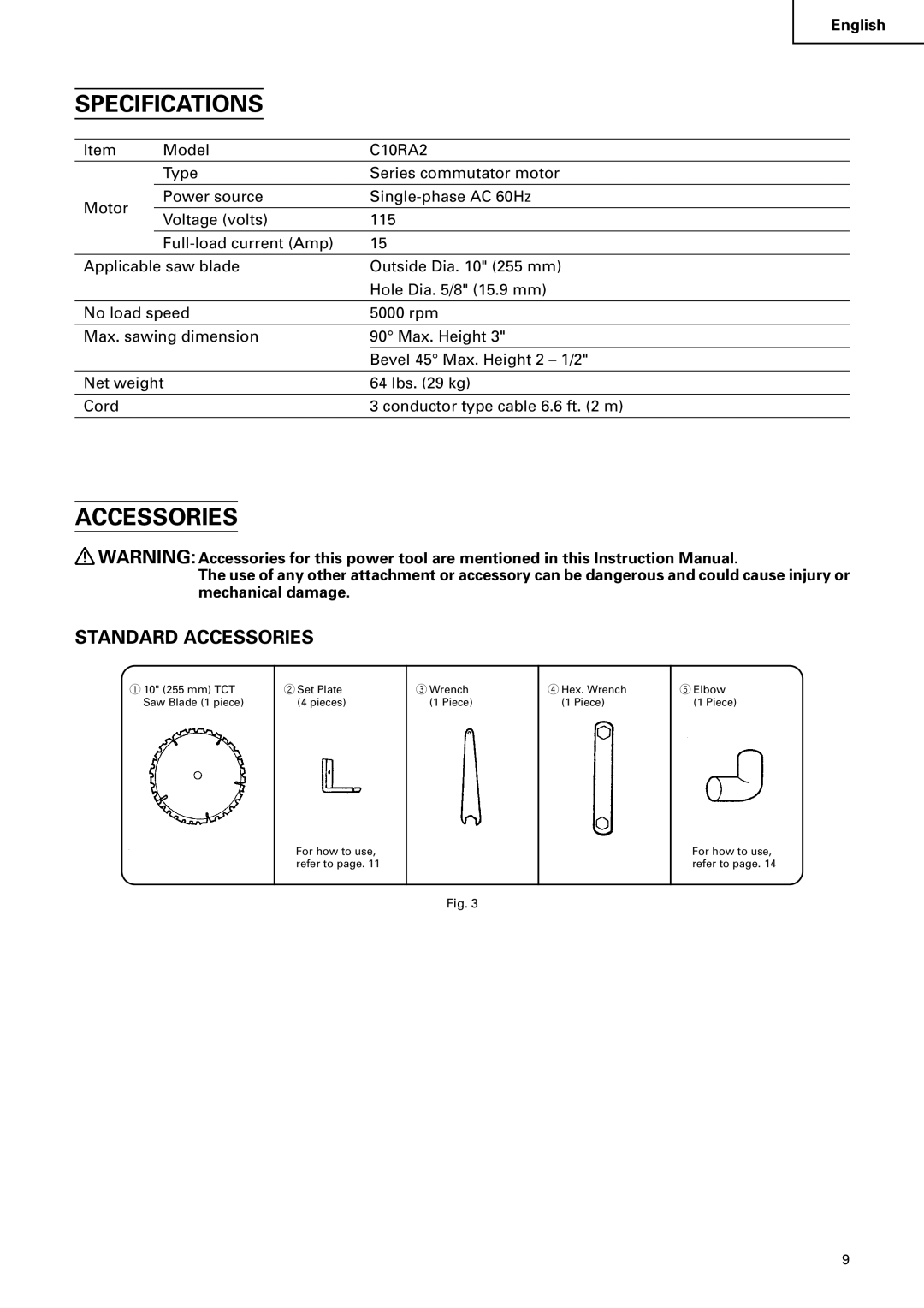 Hitachi C 10RA2 instruction manual Specifications, Accessories 