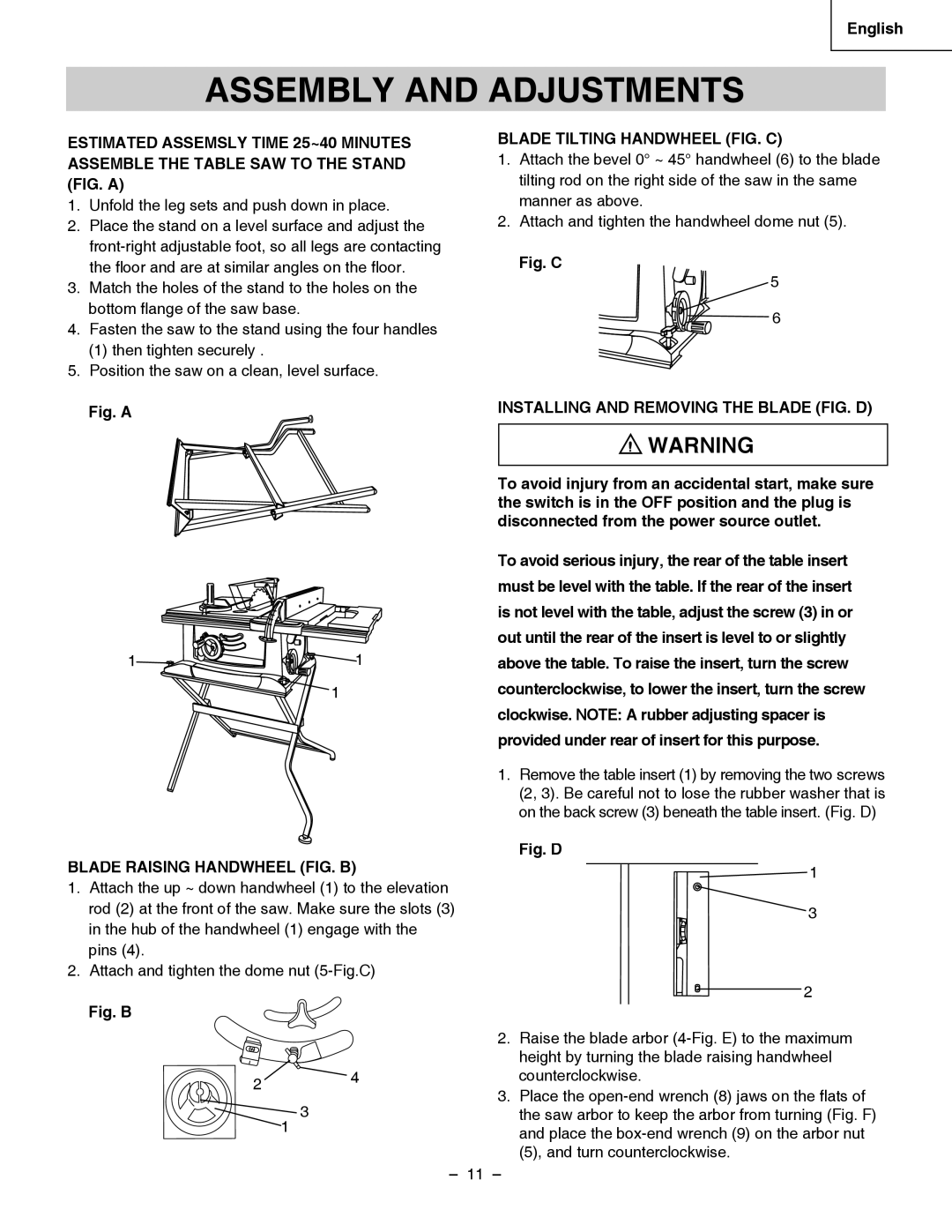 Hitachi C 10RA3 Assembly and Adjustments, Blade Tilting Handwheel FIG. C, Installing and Removing the Blade FIG. D 