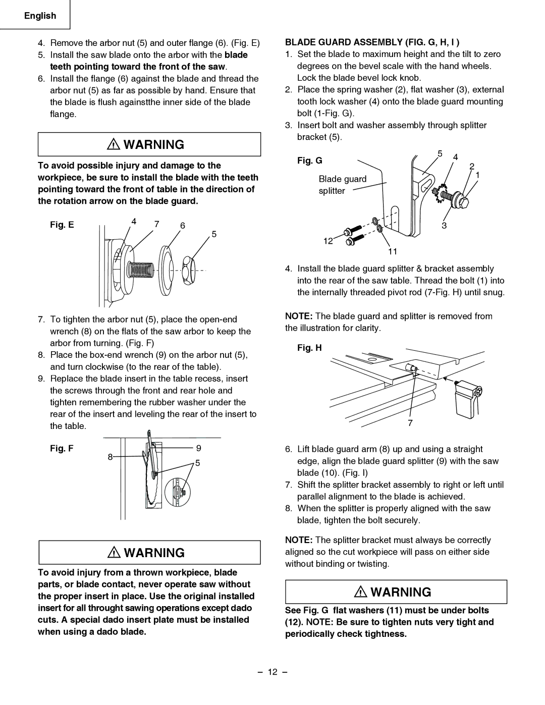 Hitachi C 10RA3 instruction manual Fig. E, Blade Guard Assembly FIG. G, H 