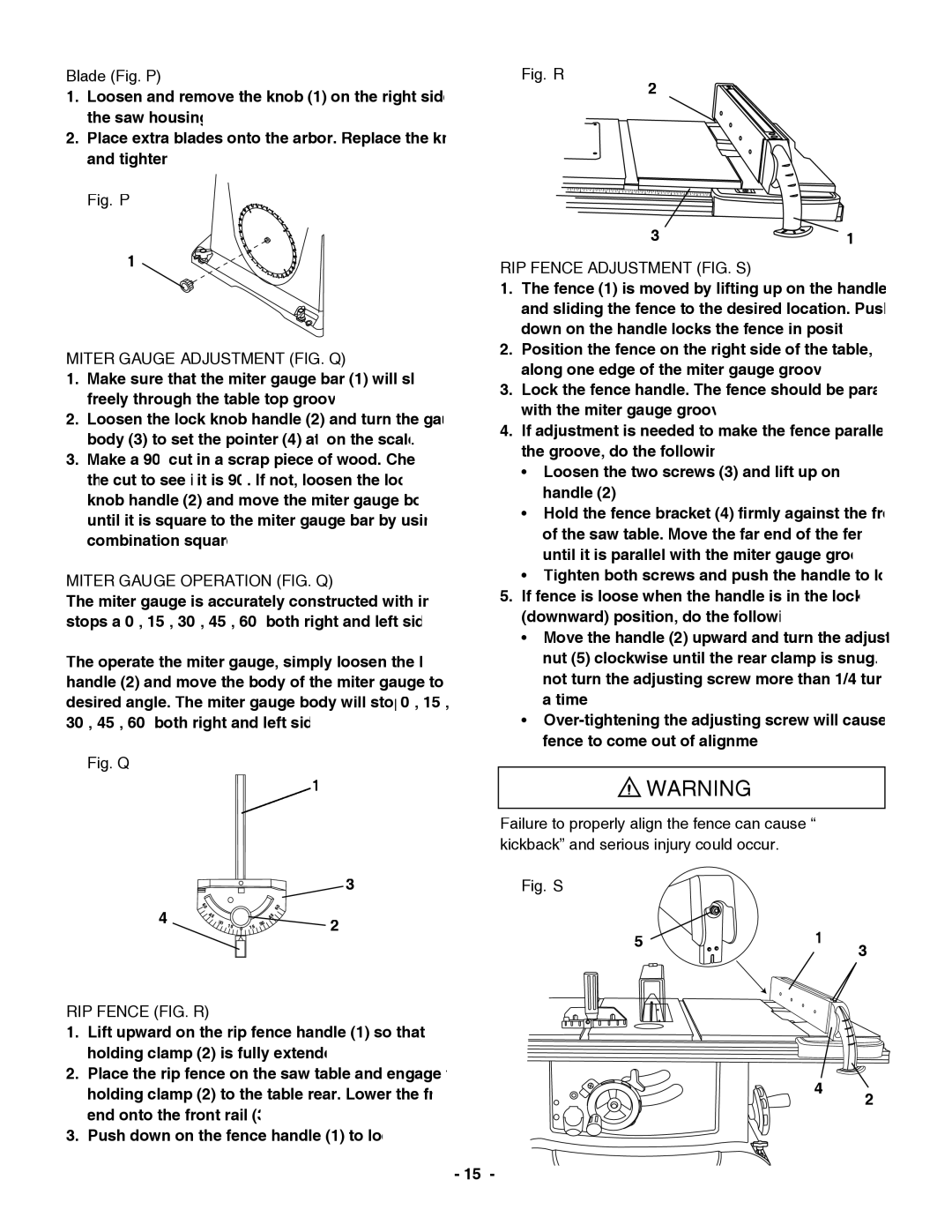 Hitachi C 10RA3 Blade Fig. P, Miter Gauge Adjustment FIG. Q, Miter Gauge Operation FIG. Q, RIP Fence Adjustment FIG. S 