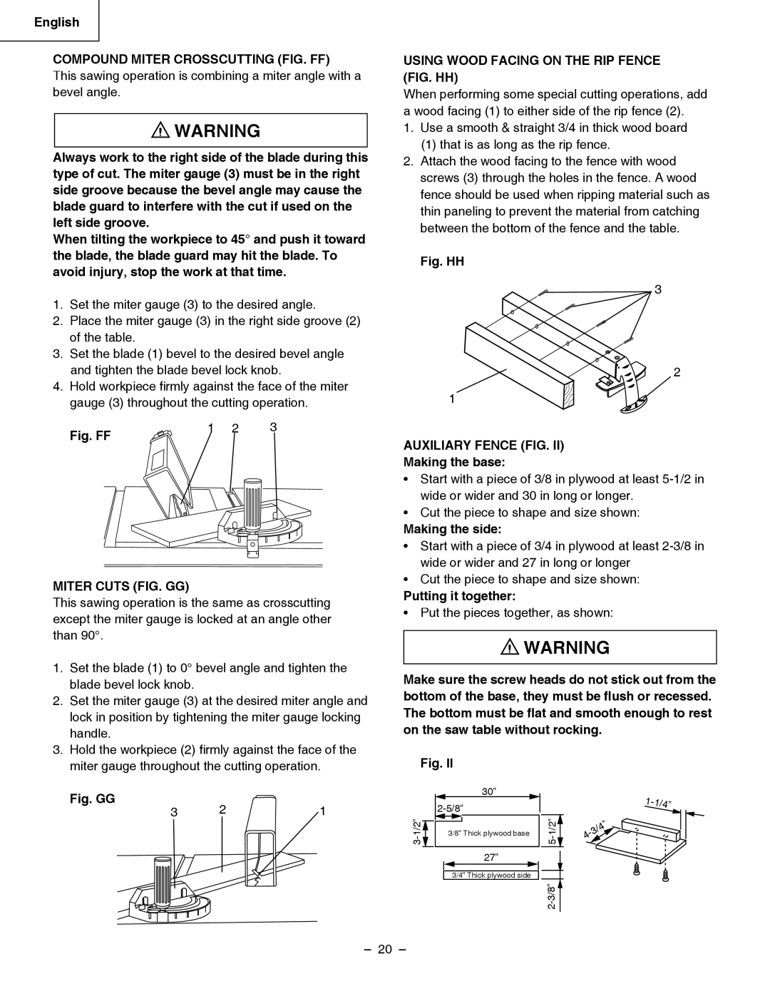 Hitachi C 10RA3 Compound Miter Crosscutting FIG. FF, Using Wood Facing on the RIP Fence FIG. HH, Auxiliary Fence FIG 