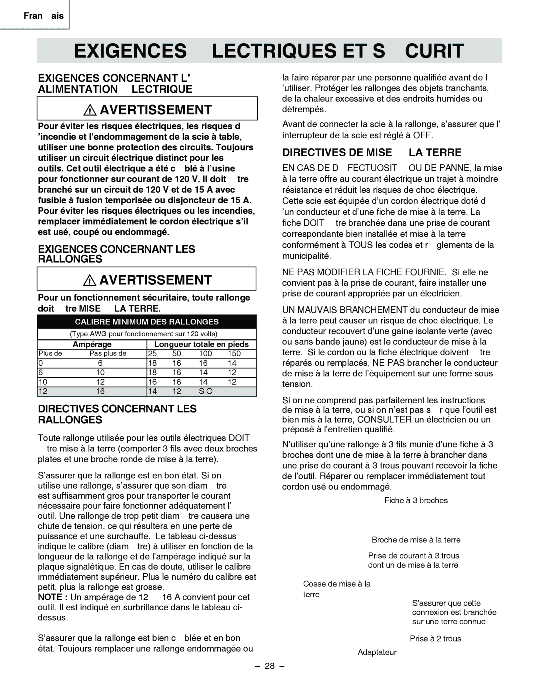 Hitachi C 10RA3 instruction manual Exigences Électriques ET Sécurité, Exigences Concernant L’ Alimentation Électrique 