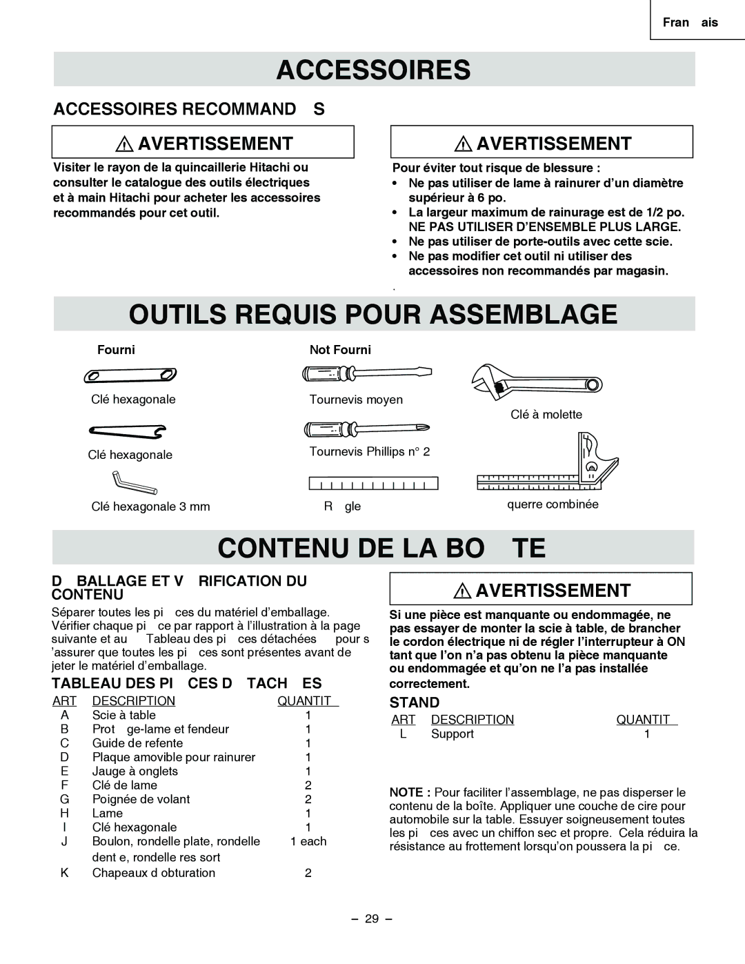 Hitachi C 10RA3 instruction manual Accessoires, Outils Requis Pour Assemblage, Contenu DE LA Boîte 